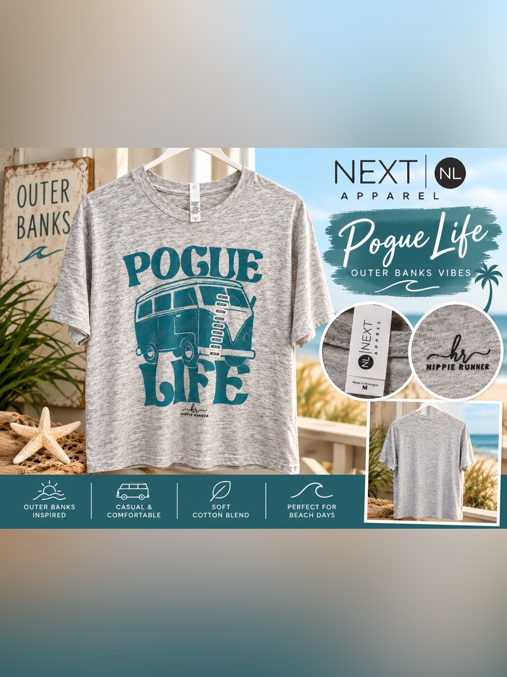 Pogue Life Outer Banks Graphic T-Shirt Hippie Runner Gray Teal Medium